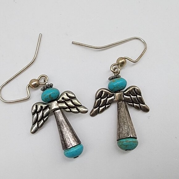 Angel Wing Turquoise & Silver Drop Earrings With Hook Backs - Picture 4 of 4